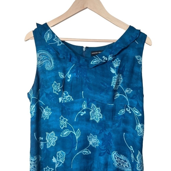 Valerie Stevens Pure Silk Teal Floral Dress with Ruffled Neckline Size 14 - Picture 2 of 10